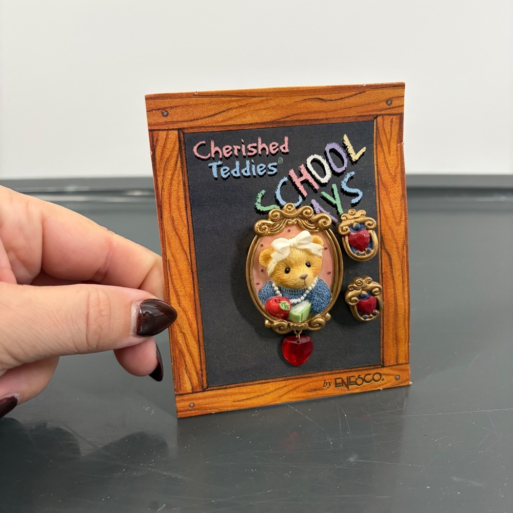 Vintage 1998 Cherished Teddies School Days Brooch and Earrings Set Enesco 477060